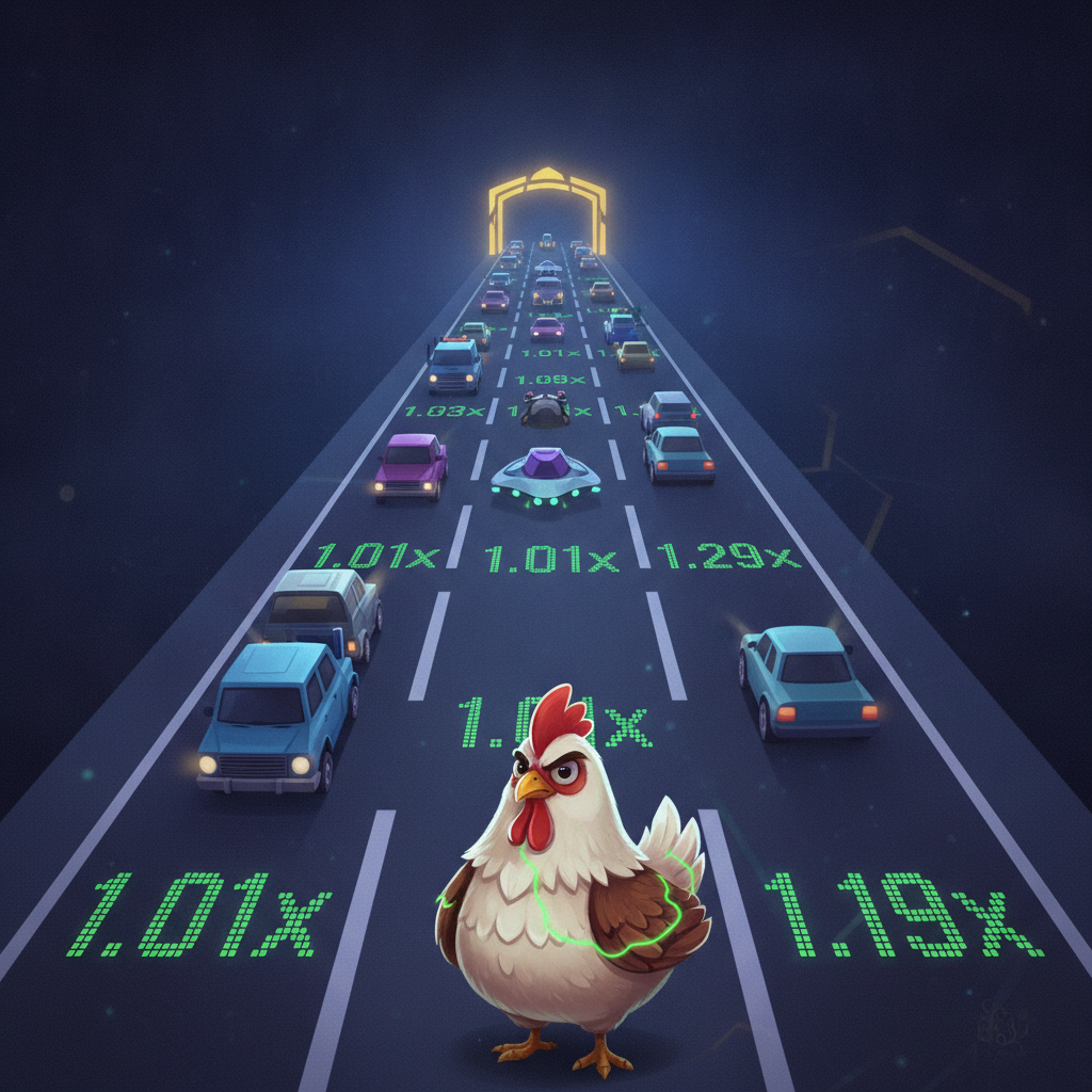 Chicken Road 2 — écran de jeu avec la poule sur la route à six voies